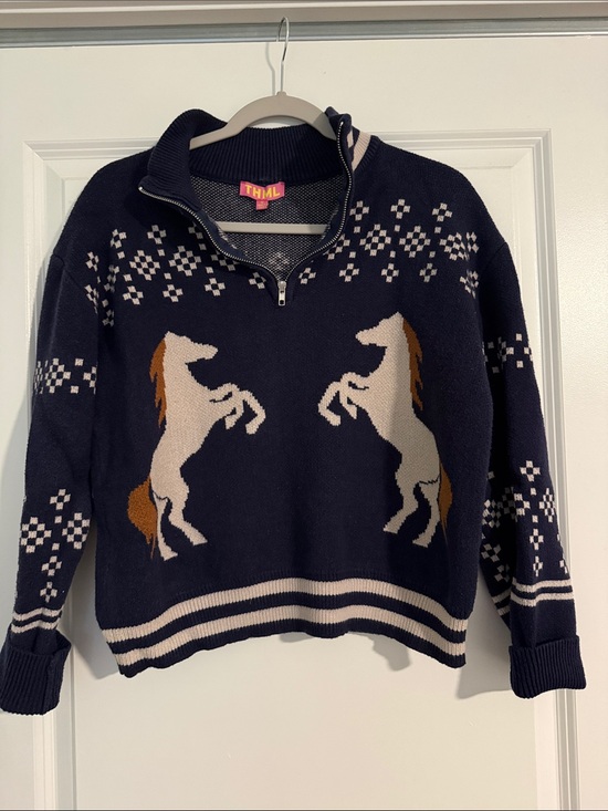 THML Sweaters - THML Navy Horse Intarsia Half-Zip Cowl Sweater